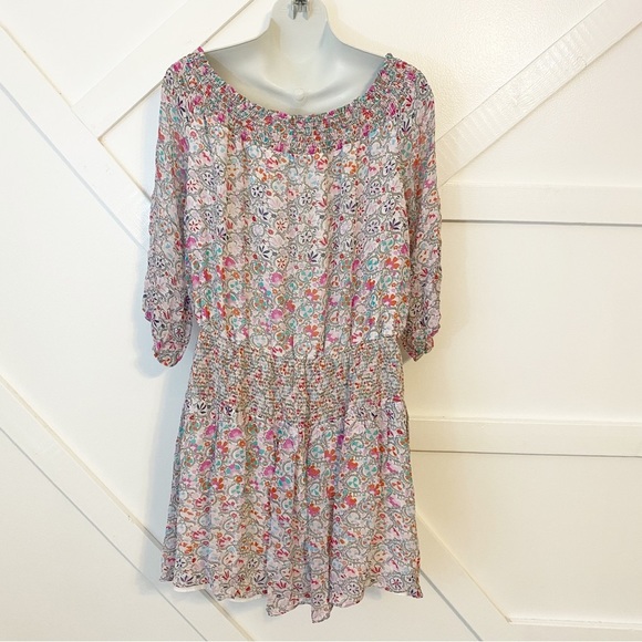 Shoshanna Smocked Off Shoulder Rita Floral Paisley Print Mini Blouson Dress Sz 8 - Picture 3 of 8